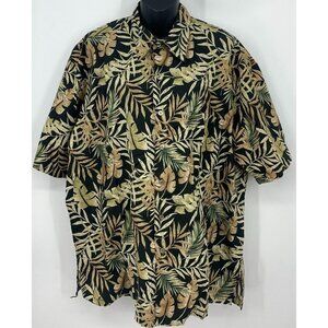 Cooke Street Men Hawaiian Shirt Size Large Black Tan Leaf Tropical Aloha Collar